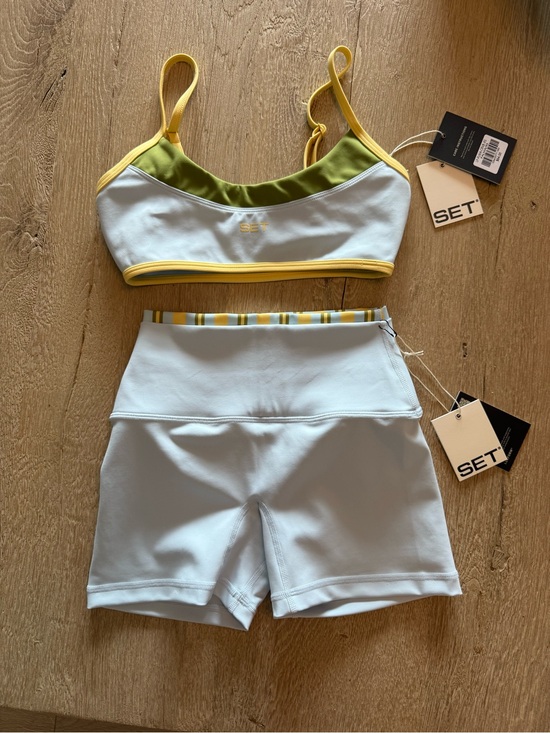 SET Active Other - SET Active Light Blue and Olive Green Strappy Sports Bra with High-Waist Shorts